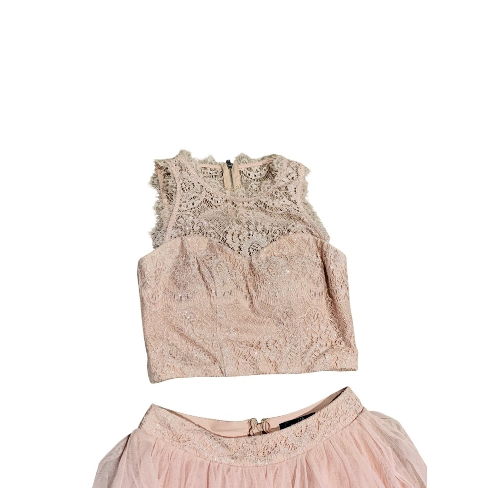 XS Blush Pink Lace Crop Top Tiered Tulle‎ Maxi Skirt Two Piece Set Formal Dress - Picture 3 of 12